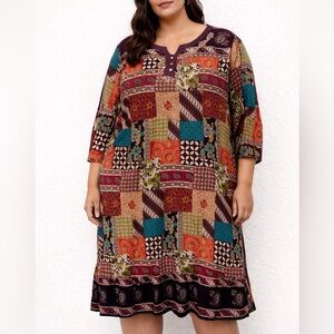 Orange and Blue boho patchwork Casual 3/4 Sleeve‎ Sundress 5X